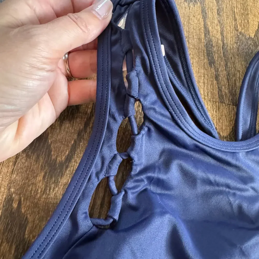 Athleta Women’s Navy Blue High Neck Halter Bikini Swim Top Size 34D/DD Small
